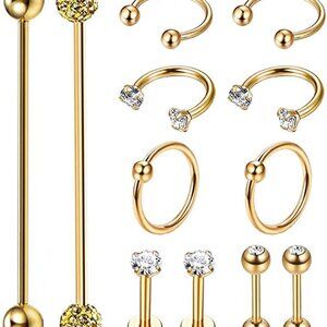 Elegant 12Pcs Gold Stainless Steel Piercing Set for Women & Men - Variety Styles
